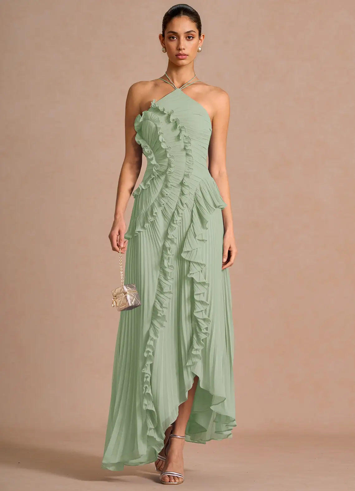 🥇Ethereal Asymmetric Halter Pleated Maxi Dress