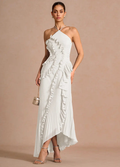🥇Ethereal Asymmetric Halter Pleated Maxi Dress
