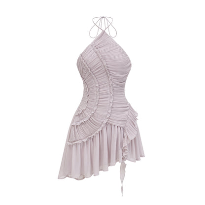Ethereal Ruffled Halter Pleated Mini Dress