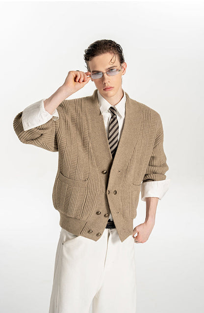 Oversized Double-Breasted Knit Cardigan – V-Neck