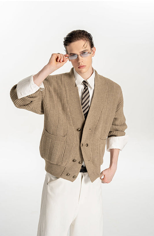 Oversized Double-Breasted Knit Cardigan – V-Neck