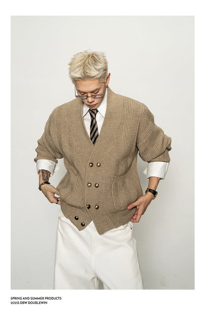 Oversized Double-Breasted Knit Cardigan – V-Neck
