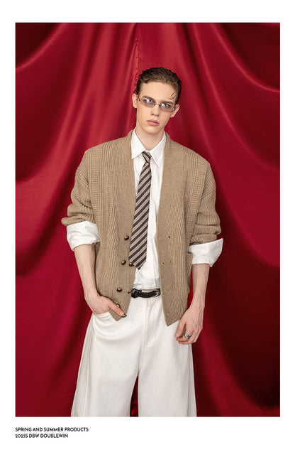 Oversized Double-Breasted Knit Cardigan – V-Neck
