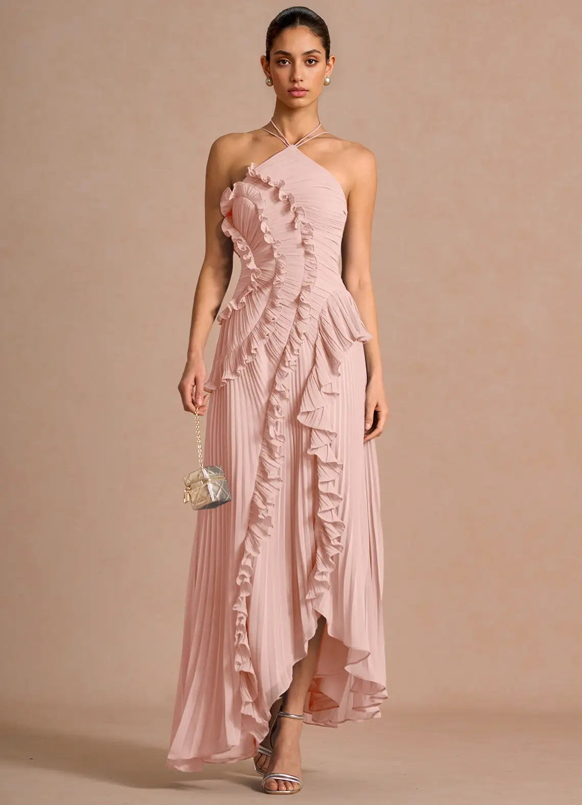 🥇Ethereal Asymmetric Halter Pleated Maxi Dress