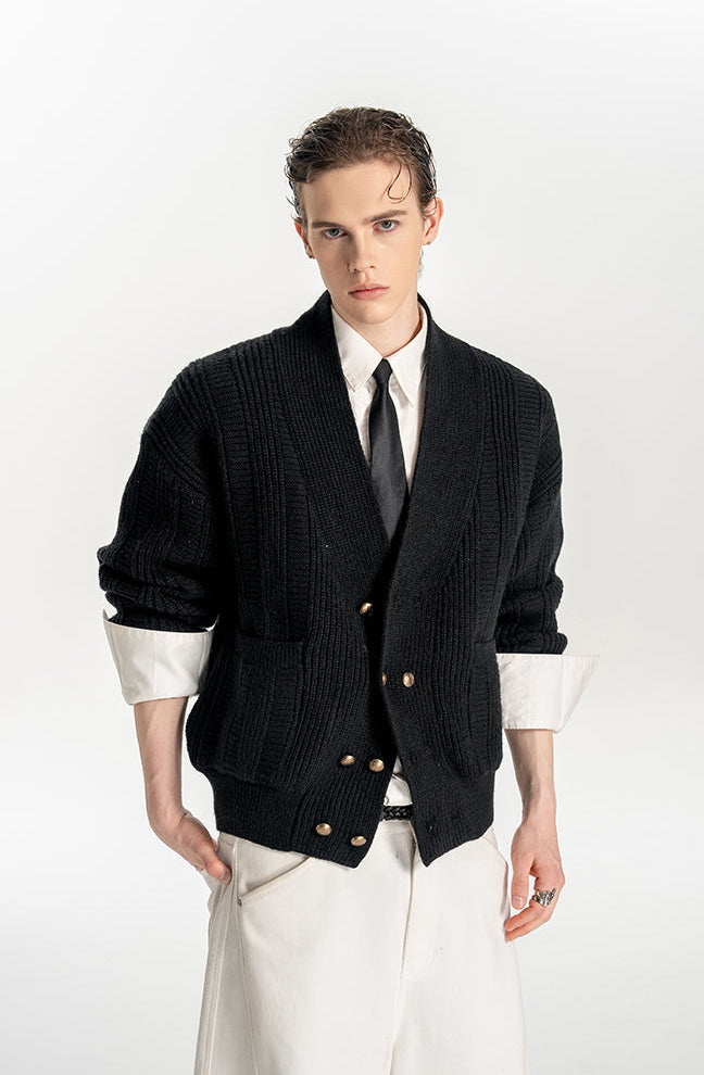 Oversized Double-Breasted Knit Cardigan – V-Neck