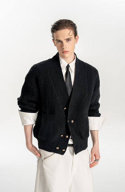Oversized Double-Breasted Knit Cardigan – V-Neck