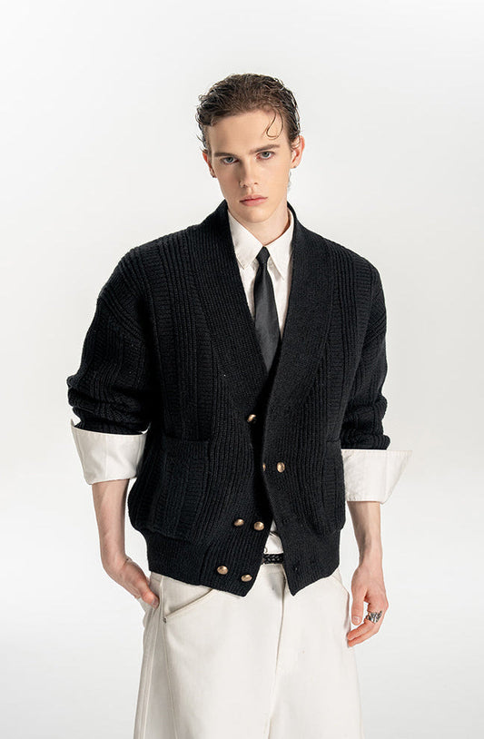 Oversized Double-Breasted Knit Cardigan – V-Neck