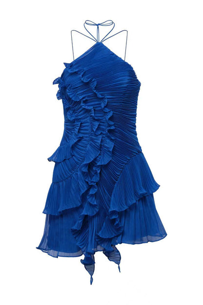 Ethereal Ruffled Halter Pleated Mini Dress