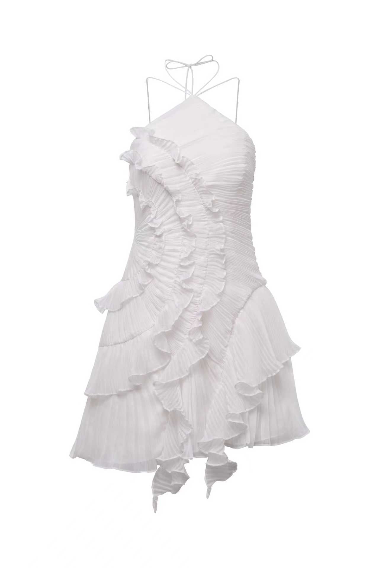 Ethereal Ruffled Halter Pleated Mini Dress