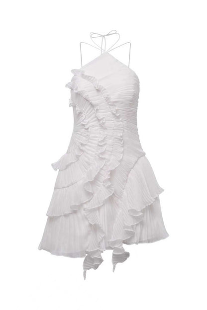 Ethereal Ruffled Halter Pleated Mini Dress