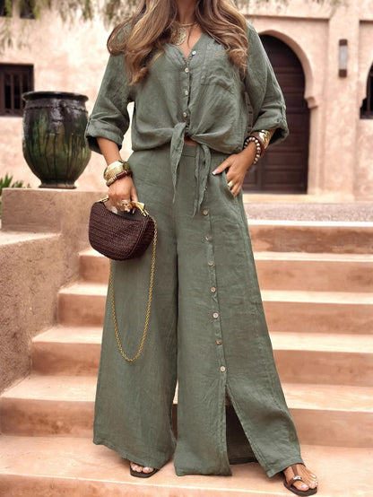 Women's Lapel Slit Button Cotton and Linen Casual Suit