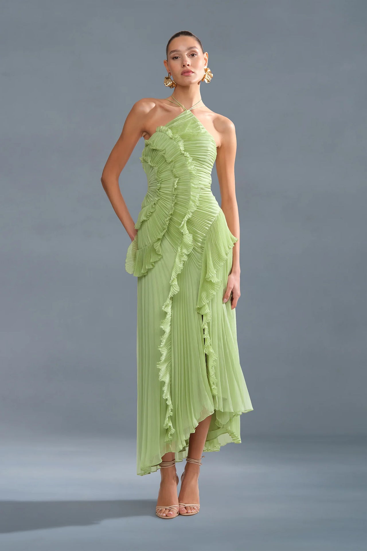 🥇Ethereal Asymmetric Halter Pleated Maxi Dress