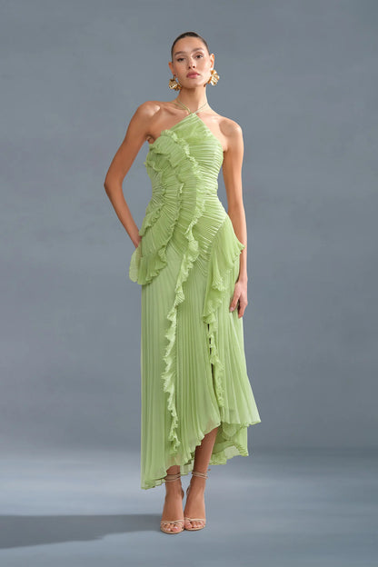 🥇Ethereal Asymmetric Halter Pleated Maxi Dress