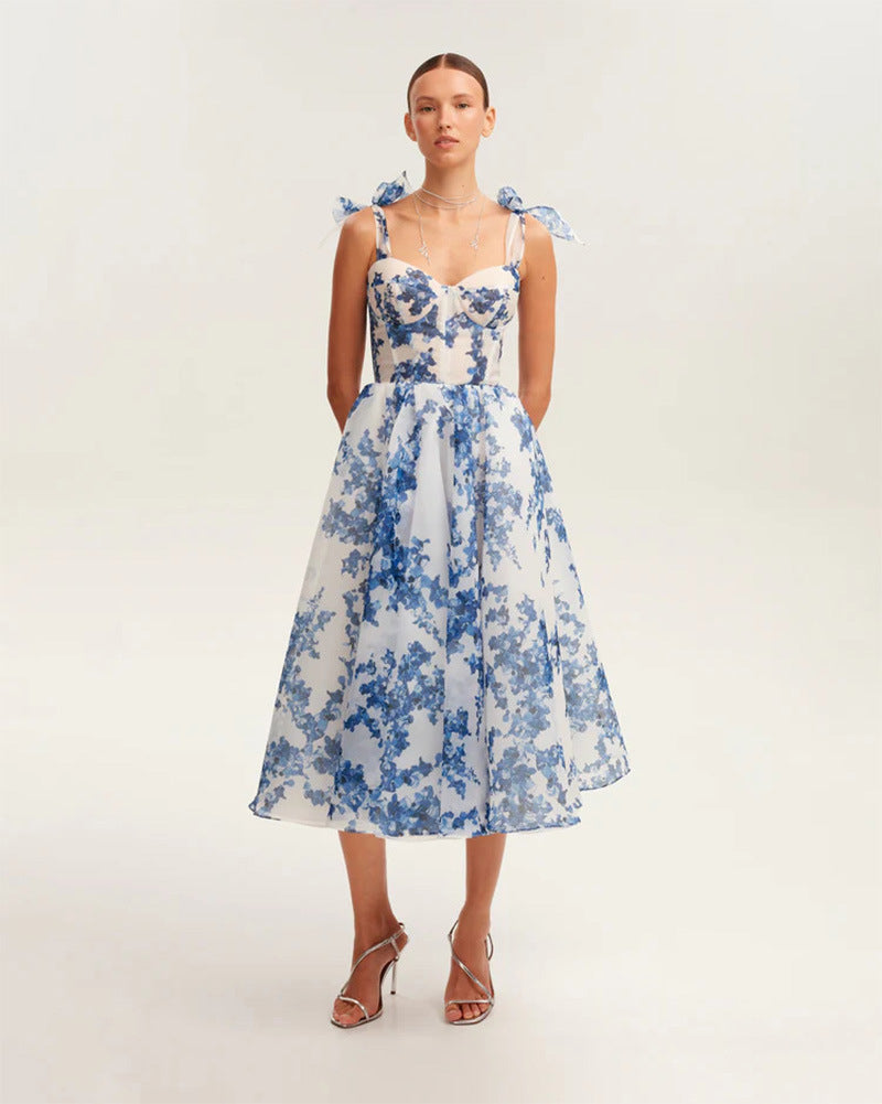 Tender floral midi tie-strap dress