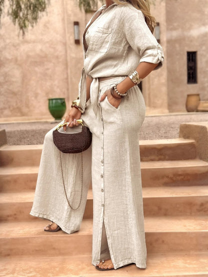 Women's Lapel Slit Button Cotton and Linen Casual Suit