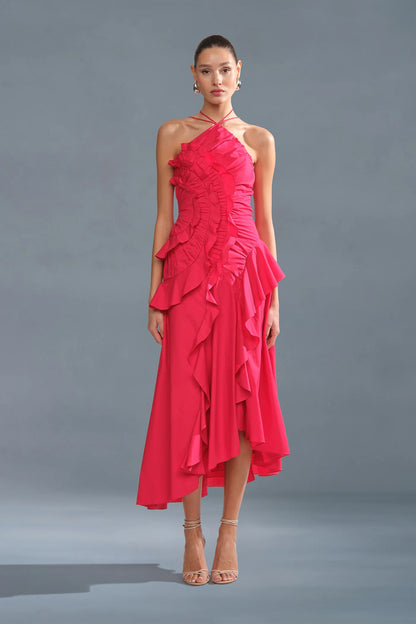 🥇Ethereal Asymmetric Halter Pleated Maxi Dress