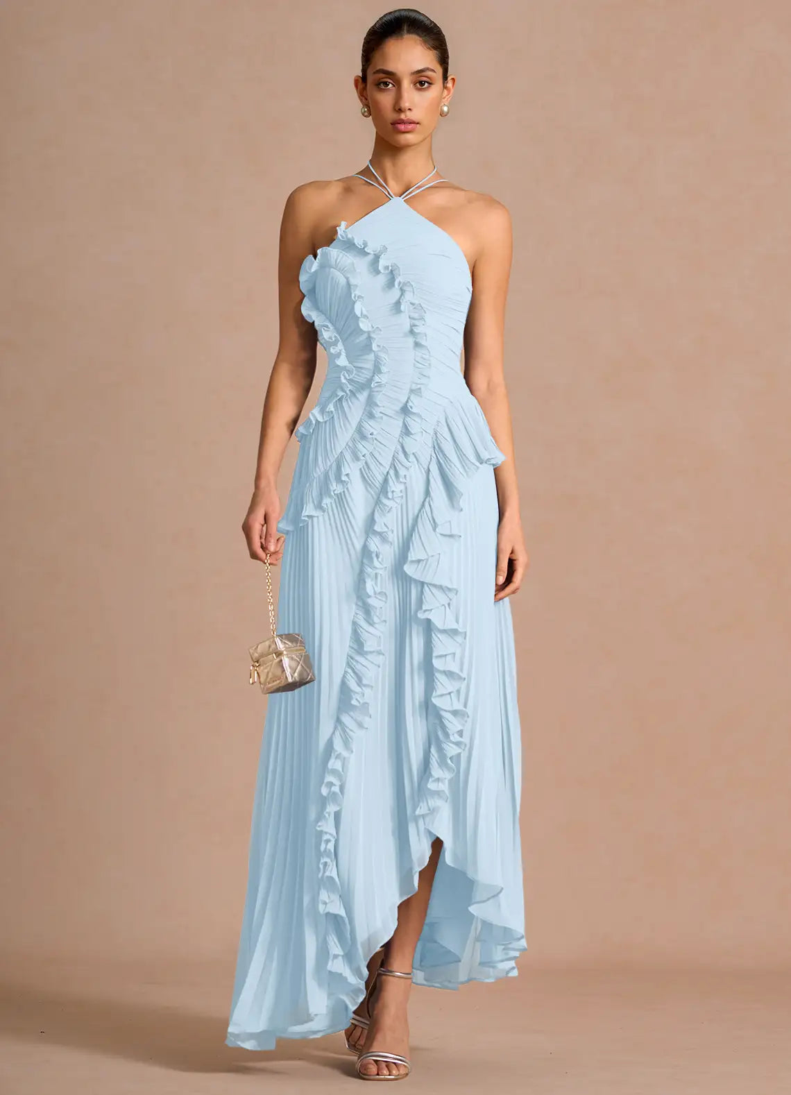 🥇Ethereal Asymmetric Halter Pleated Maxi Dress
