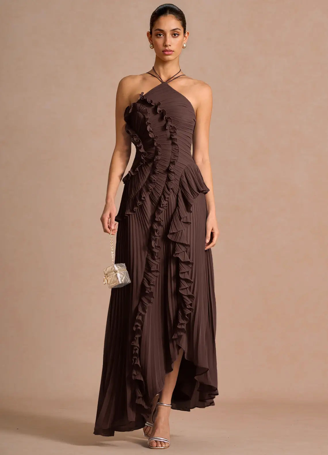 🥇Ethereal Asymmetric Halter Pleated Maxi Dress