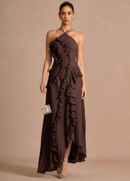 🥇Ethereal Asymmetric Halter Pleated Maxi Dress