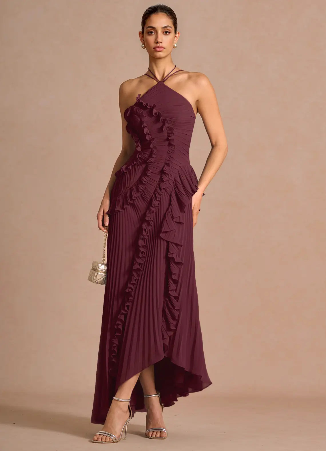 🥇Ethereal Asymmetric Halter Pleated Maxi Dress