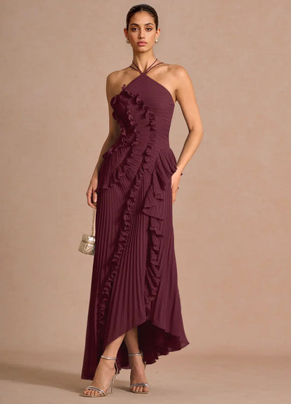 🥇Ethereal Asymmetric Halter Pleated Maxi Dress