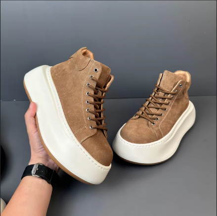 Fashionable Genuine Leather Chunky Sole Height-Boosting Retro-Inspired Versatile High-Top Sneakers