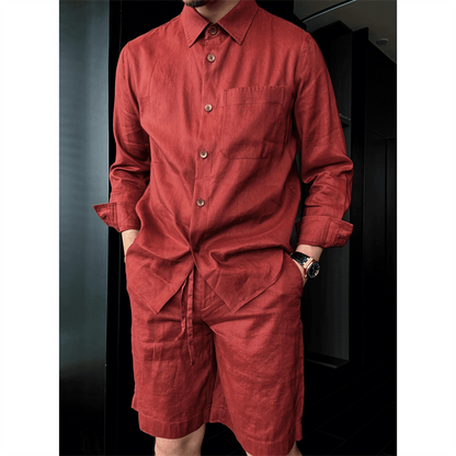 Hand-stitched linen lightweight loose-fit shirt with long sleeves and casual pants set