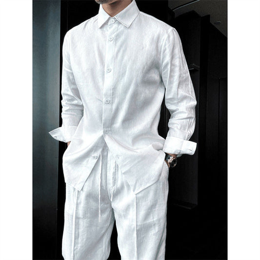Hand-stitched linen lightweight loose-fit shirt with long sleeves and casual pants set