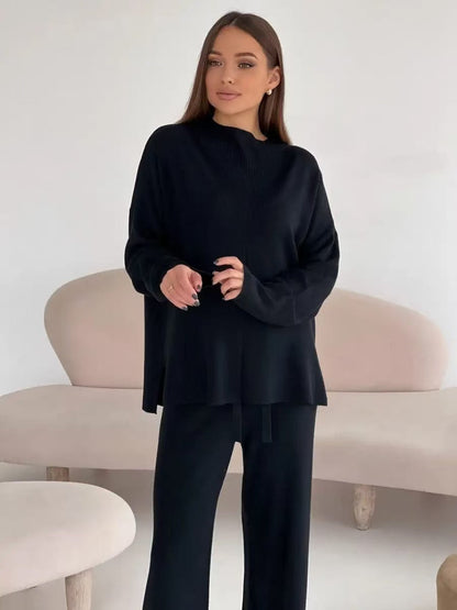 Cozy Chic Knit Set – Split-Hem Top & Wide-Leg Pants