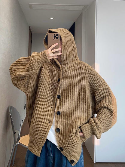 Autumn/Winter Vintage Oversized Knit Single-Button Hooded Sweater Jacket