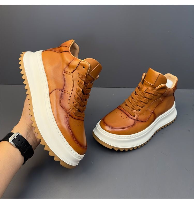 Handcrafted Vintage Cowhide High-Top Versatile Breathable Casual Chunky-Sole Sneakers