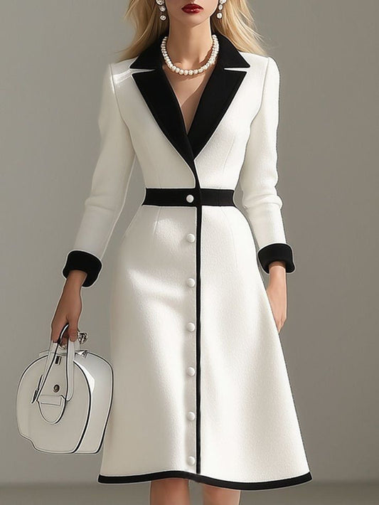 Parisian Elegance Figure-Flattering Black & White Color-Block Midi Dress