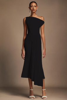 Oblique Shoulder Sleeveless Folds Midi Dress