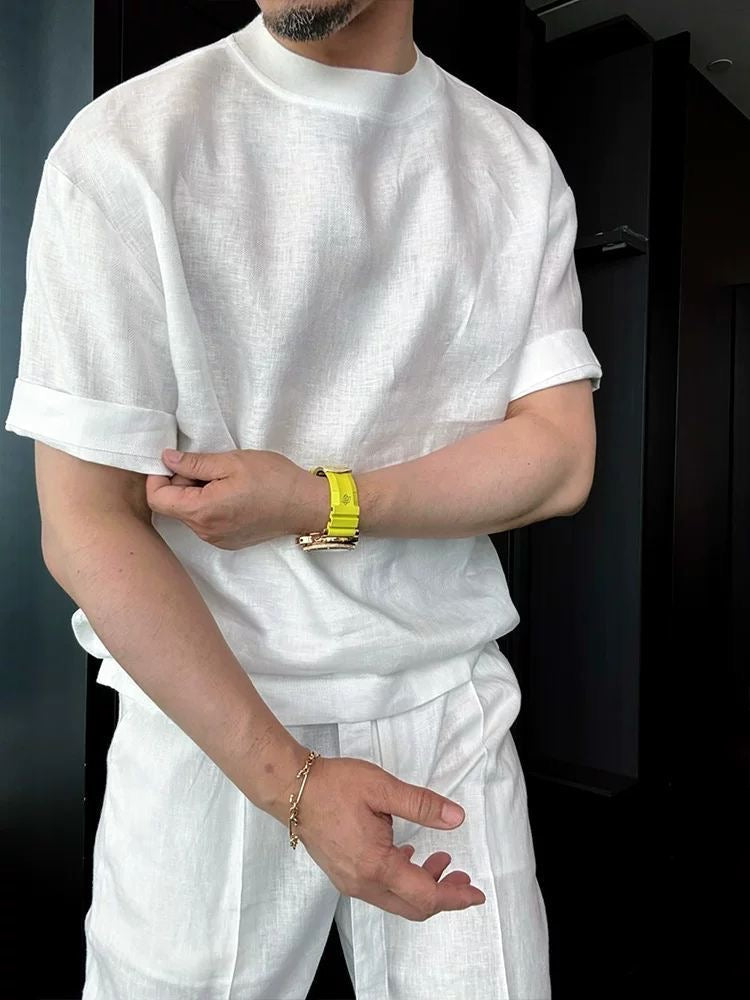 Lightweight Tencel Linen Premium Casual Relaxed-Fit Short-Sleeve Top and Long Pants Set