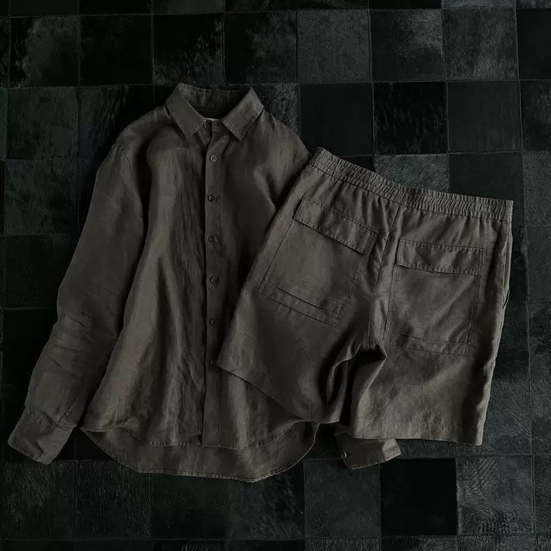 Hand-stitched linen lightweight loose-fit shirt with long sleeves and casual pants set
