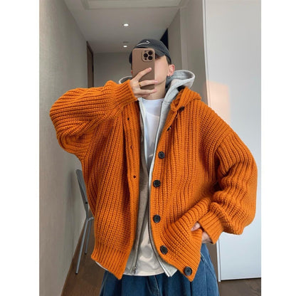 Autumn/Winter Vintage Oversized Knit Single-Button Hooded Sweater Jacket