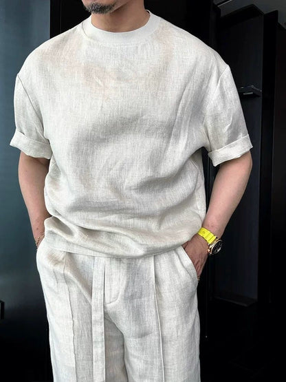 Lightweight Tencel Linen Premium Casual Relaxed-Fit Short-Sleeve Top and Long Pants Set