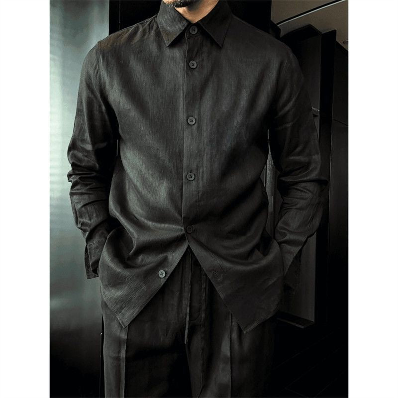 Hand-stitched linen lightweight loose-fit shirt with long sleeves and casual pants set