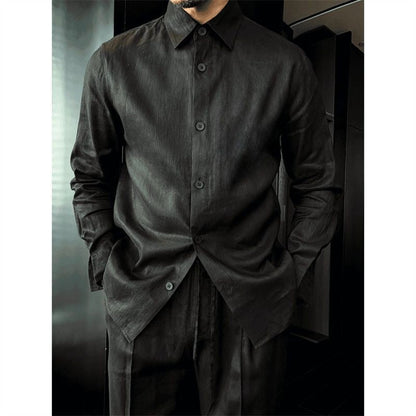 Hand-stitched linen lightweight loose-fit shirt with long sleeves and casual pants set