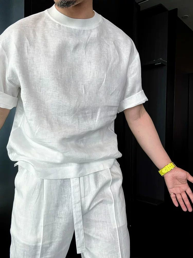 Lightweight Tencel Linen Premium Casual Relaxed-Fit Short-Sleeve Top and Long Pants Set