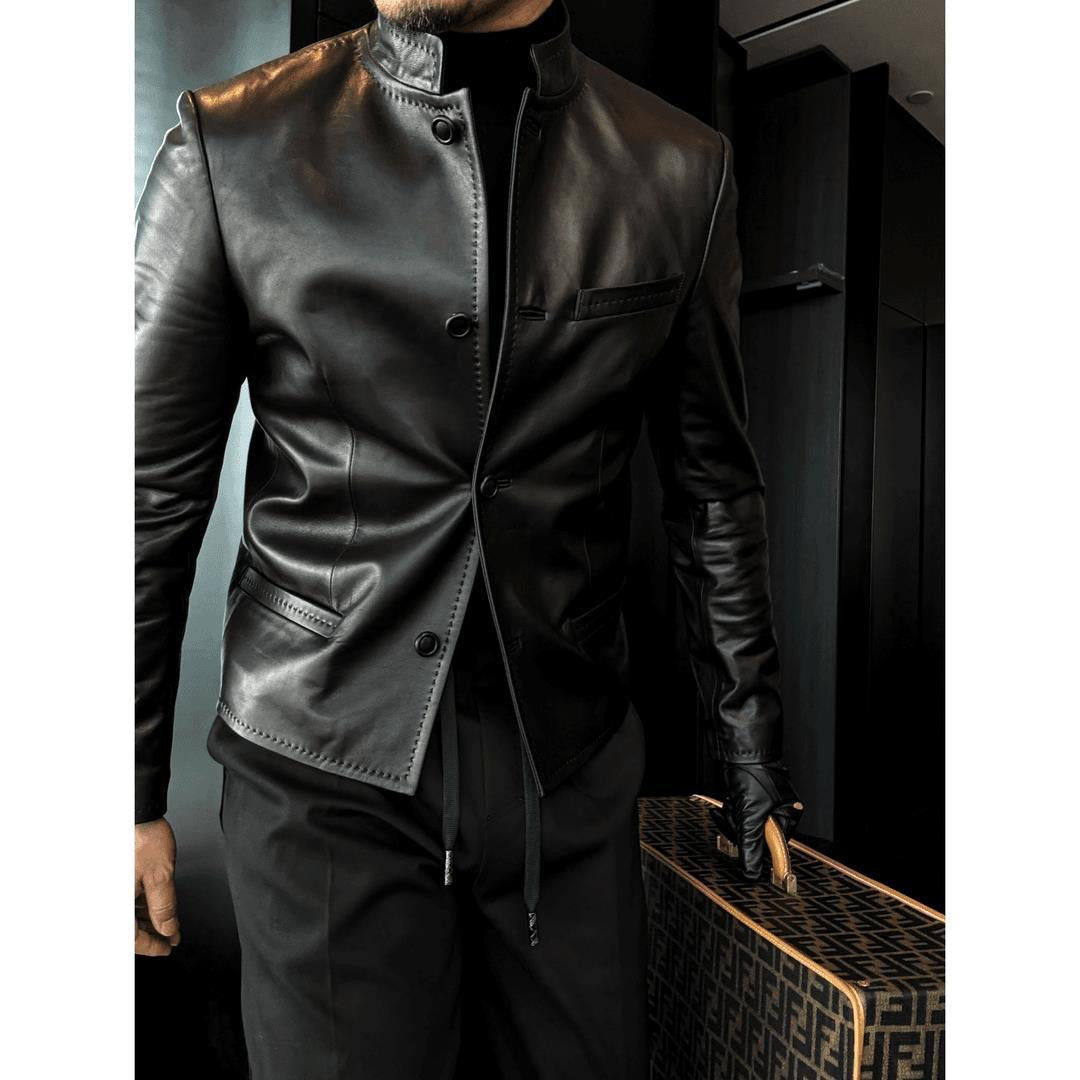 Stand-collar fitted autumn/winter cropped business leather jacket