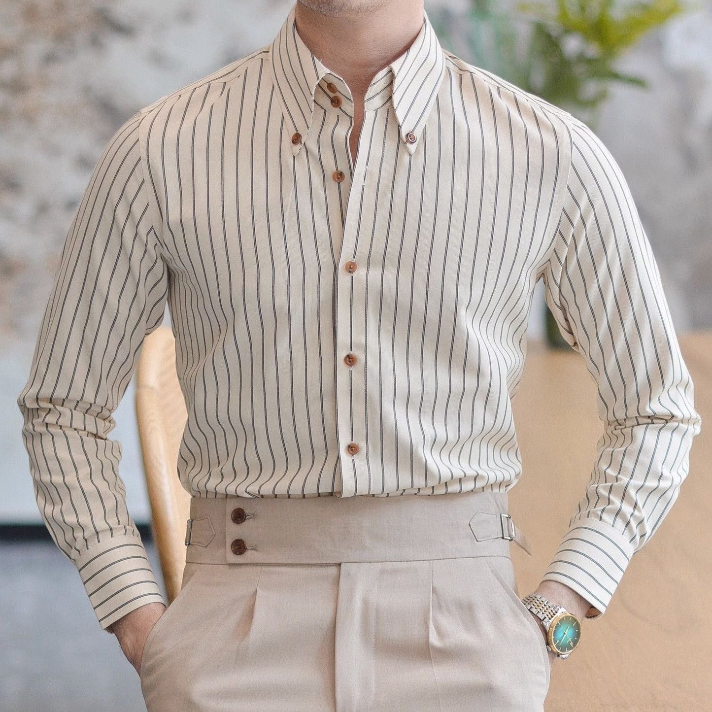 Men’s Striped Dress Shirt, Slim Fit Long Sleeve Business Shirt with Pointed Collar