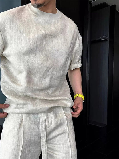 Lightweight Tencel Linen Premium Casual Relaxed-Fit Short-Sleeve Top and Long Pants Set