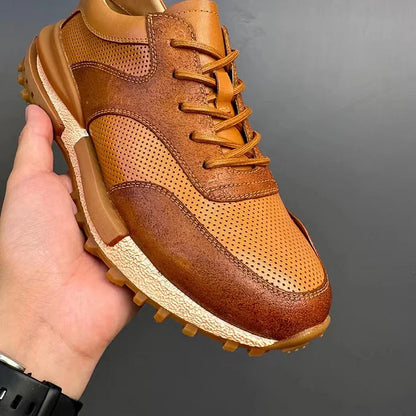 Handcrafted Vintage Horsehide Breathable Lightweight Soft Sole Height-Enhancing Athletic Versatile Holiday Casual Non-Slip Running Shoes