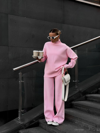 Cozy Chic Knit Set – Split-Hem Top & Wide-Leg Pants