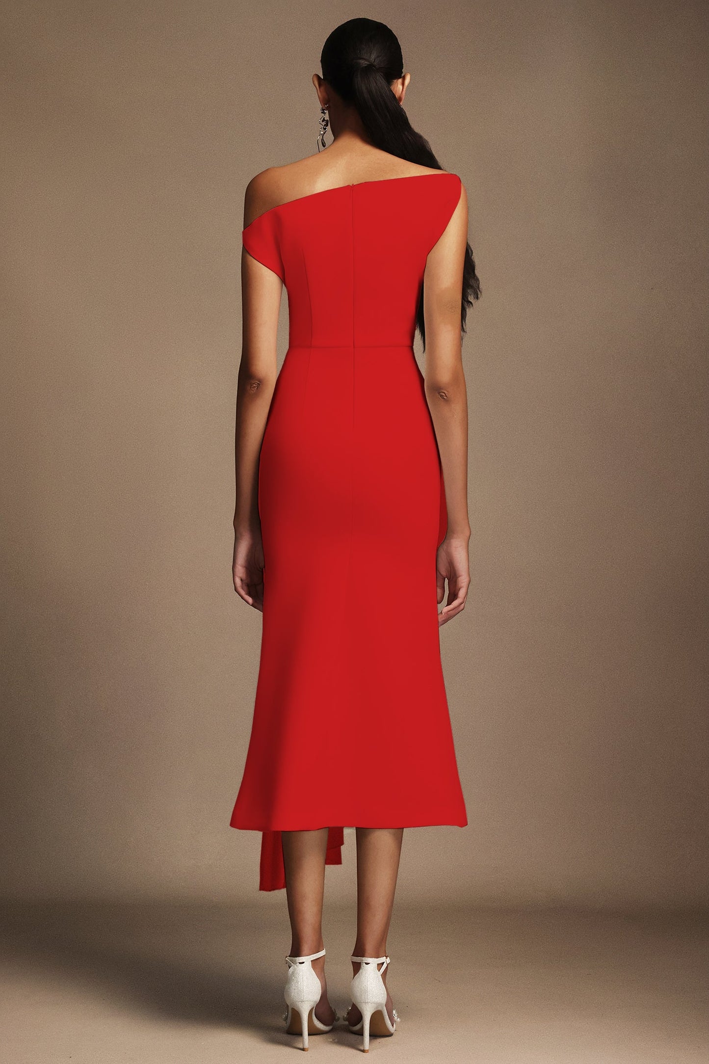 Oblique Shoulder Sleeveless Folds Midi Dress