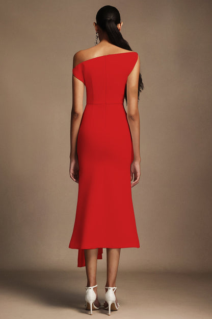 Oblique Shoulder Sleeveless Folds Midi Dress