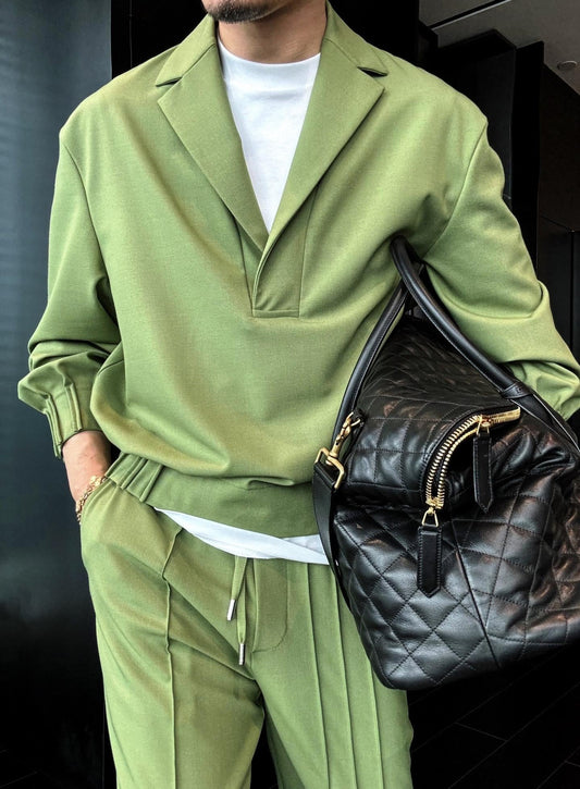 Premium Minimalist V-Neck Men’s Solid-Color Shirt Set | Business Casual Two-Piece Outfit