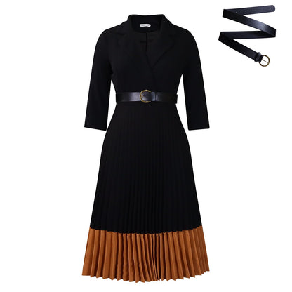 Power & Poise — Chic Suit-Collar Pleated Dress for Work & Beyond