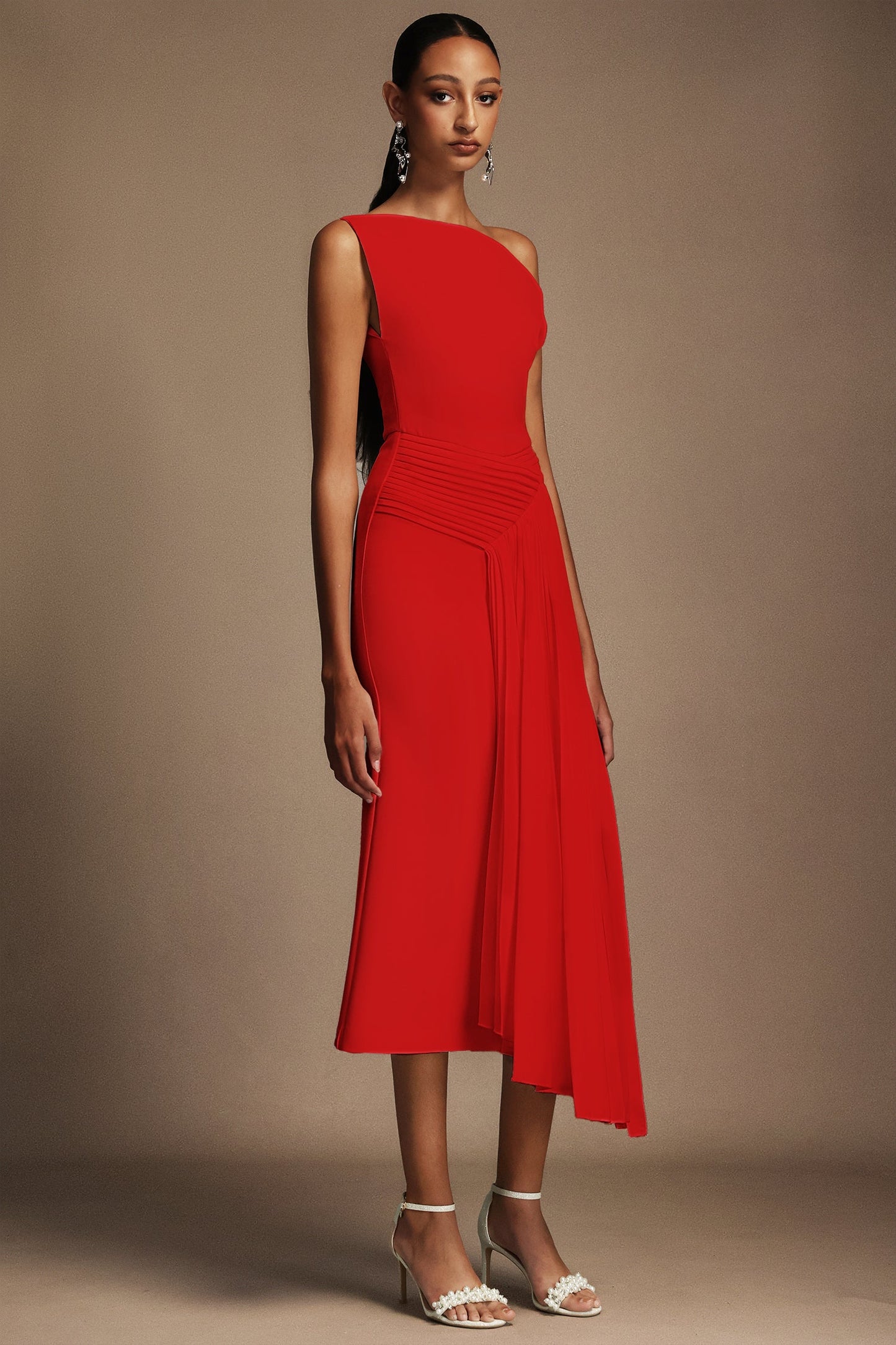 Oblique Shoulder Sleeveless Folds Midi Dress
